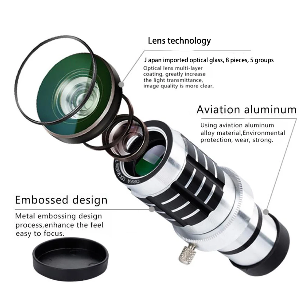 Высококачественный серебрянный металлический 12x телескоп монокулярный телескоп линзы со штативом для телефона с камерой