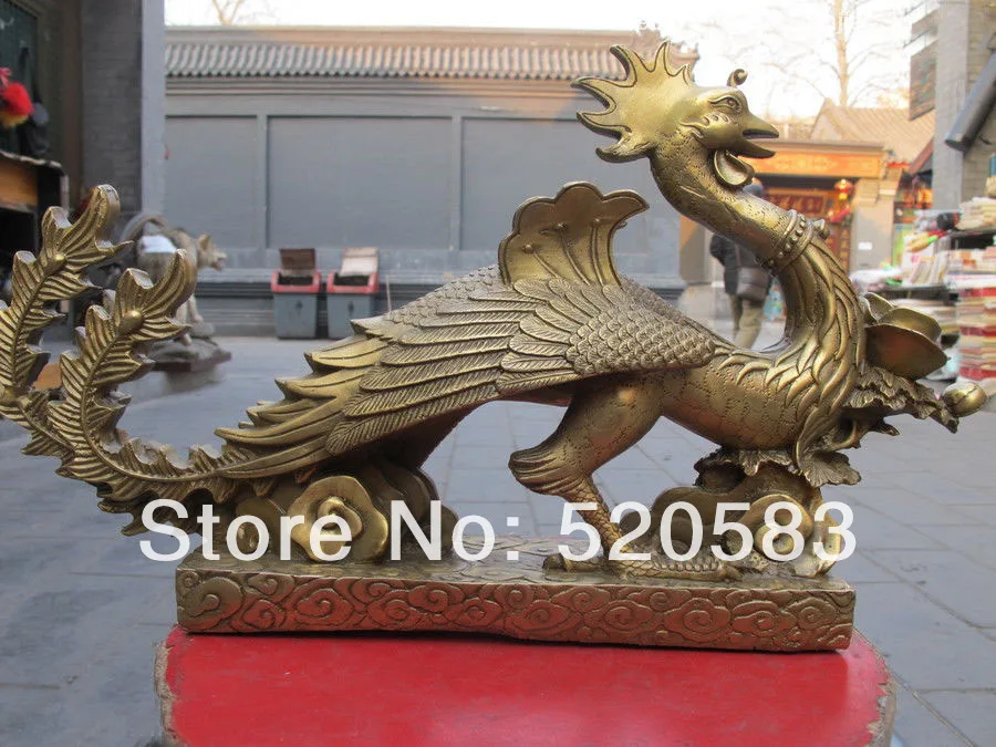 

10"Chinese myth fame Pure Brass flower phoenix phenix Bird Statue