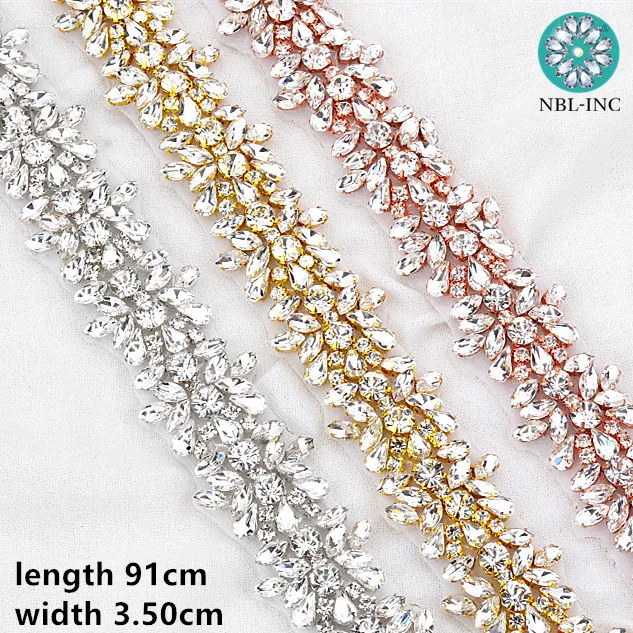 

(1 YARD) Silver clear bridal beaded crystal rhinestone applique trim belt gold sewing iron on for wedding dress clothing WDD0278