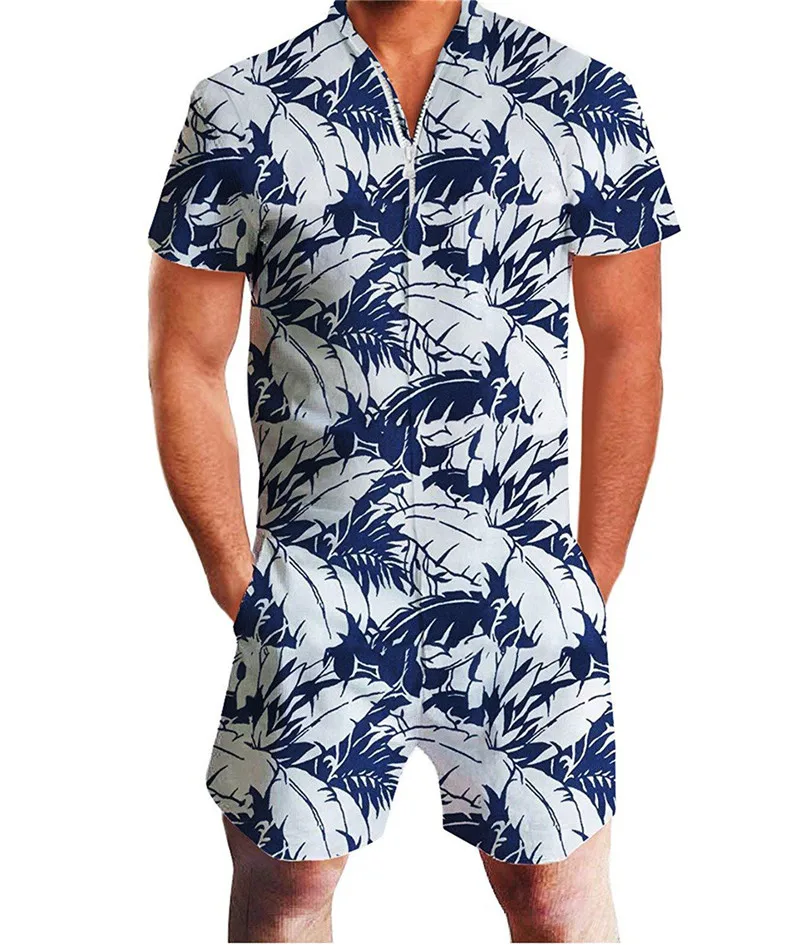 Men 3D Graphic One Piece Romper Men Casual Zipper Short Sleeve Summer Jumpsuit With Pocket Leopard Print Summer Beach Set - Цвет: men romper 3