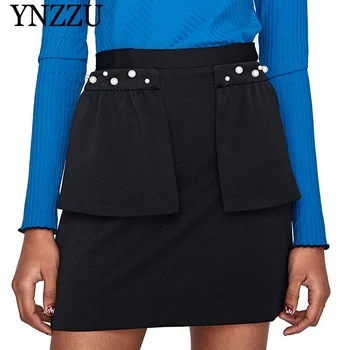 

YNZZU Chic 2019 Autumn women Pearl skirt Black high waist elegant Mini Skirts Individuality slim ruffles Pencil Skirts YB363