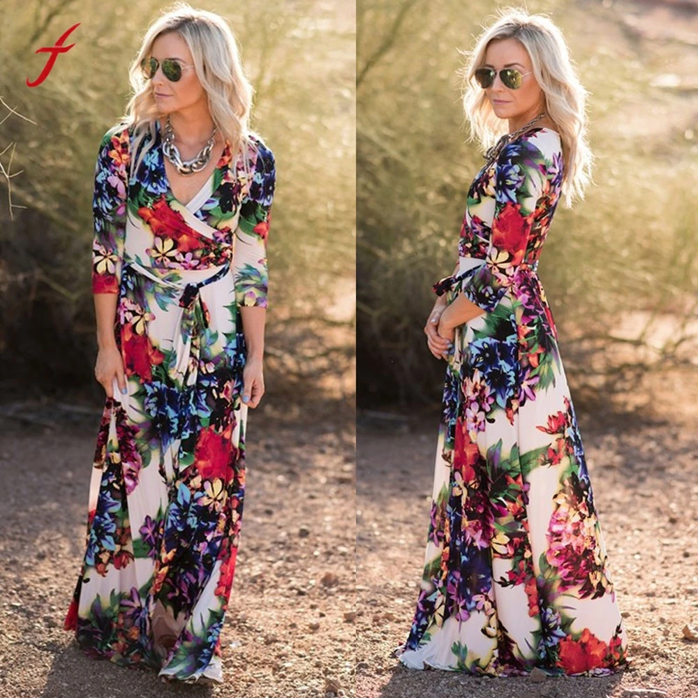 Summer 2019 Women Boho Floral Long Dress Three Quarter Sleeve V Neck ...