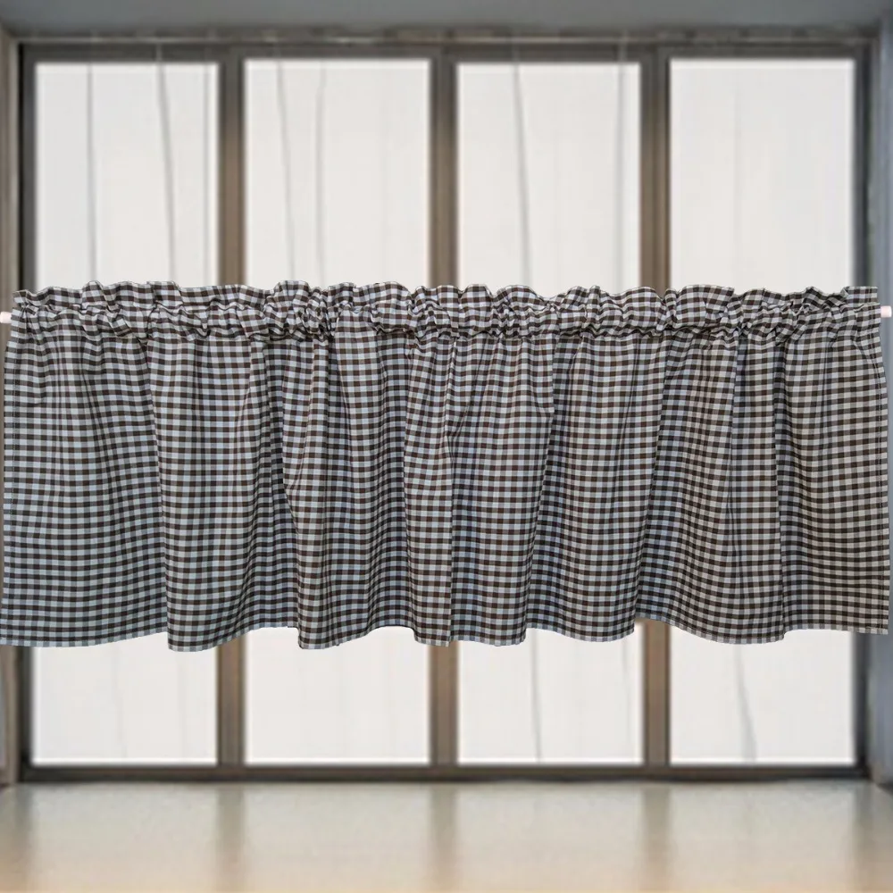 Coffee Curtain Korean Style Brown Plaid Cotton Linen Short ...