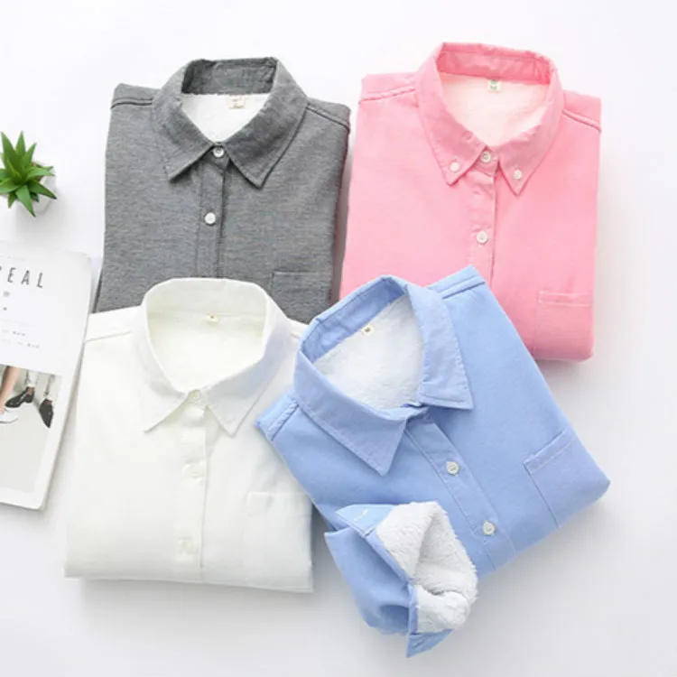 2018 New Winter Velvet Thick Warm Blouses Women Oxford Shirts Female Cotton Solid Colors Blouse Feminine Shirts Long Sleeve Tops