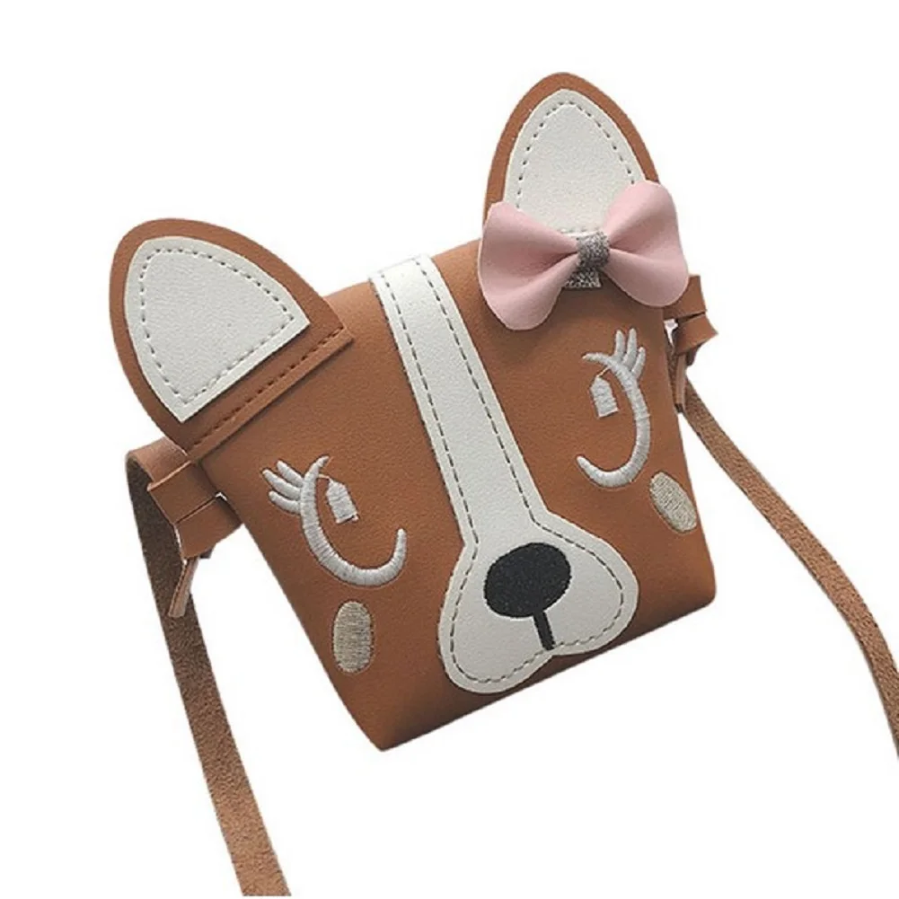 Детская мини-сумка через плечо для девочек, милая сумка с собачкой и бантом, модная детская сумка через плечо - Цвет: Коричневый