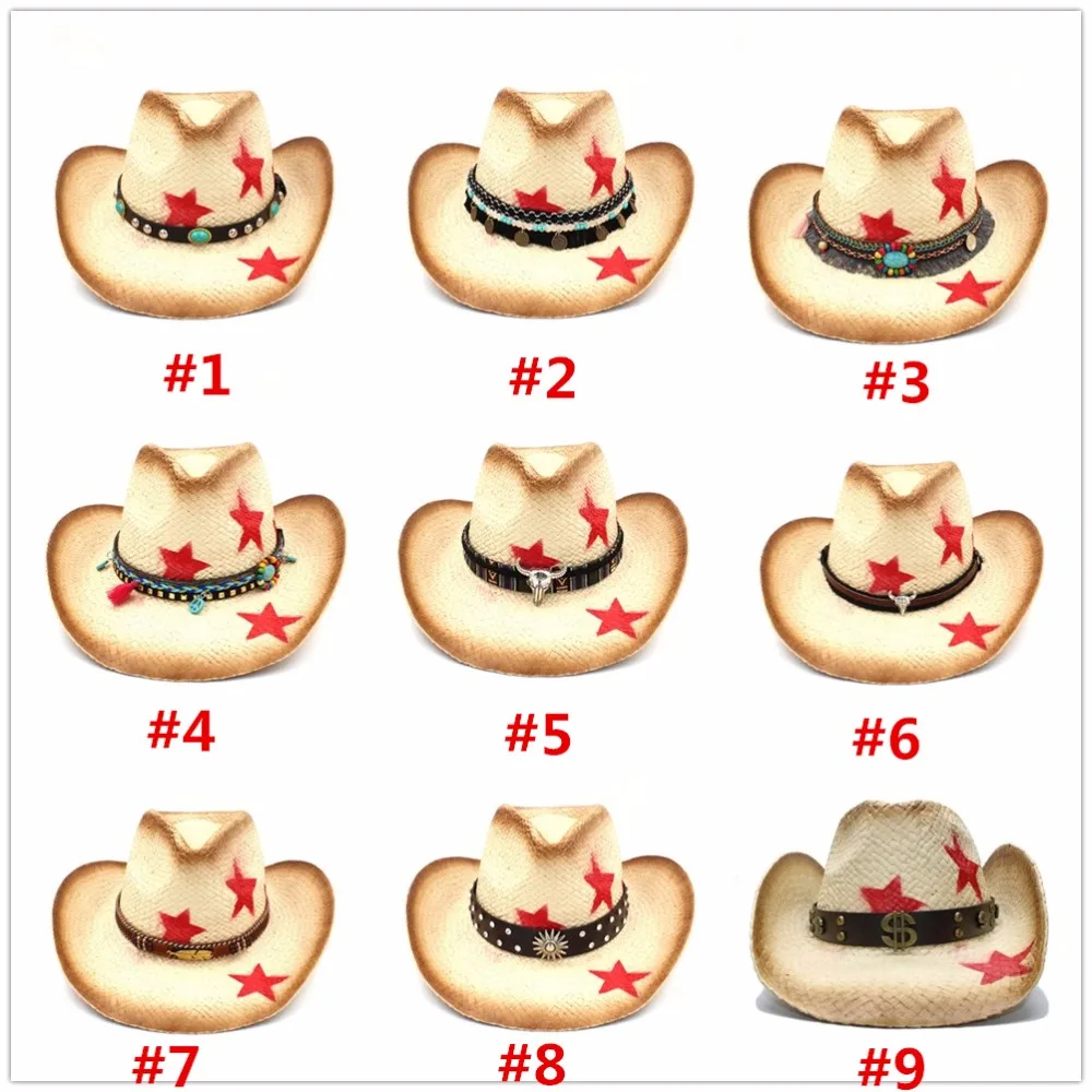 Women Men Straw Western Cowboy Hat With Punk Leaves Band Star Lady Dad Sombrero Hombre Cowgirl Jazz Caps Size 58CM