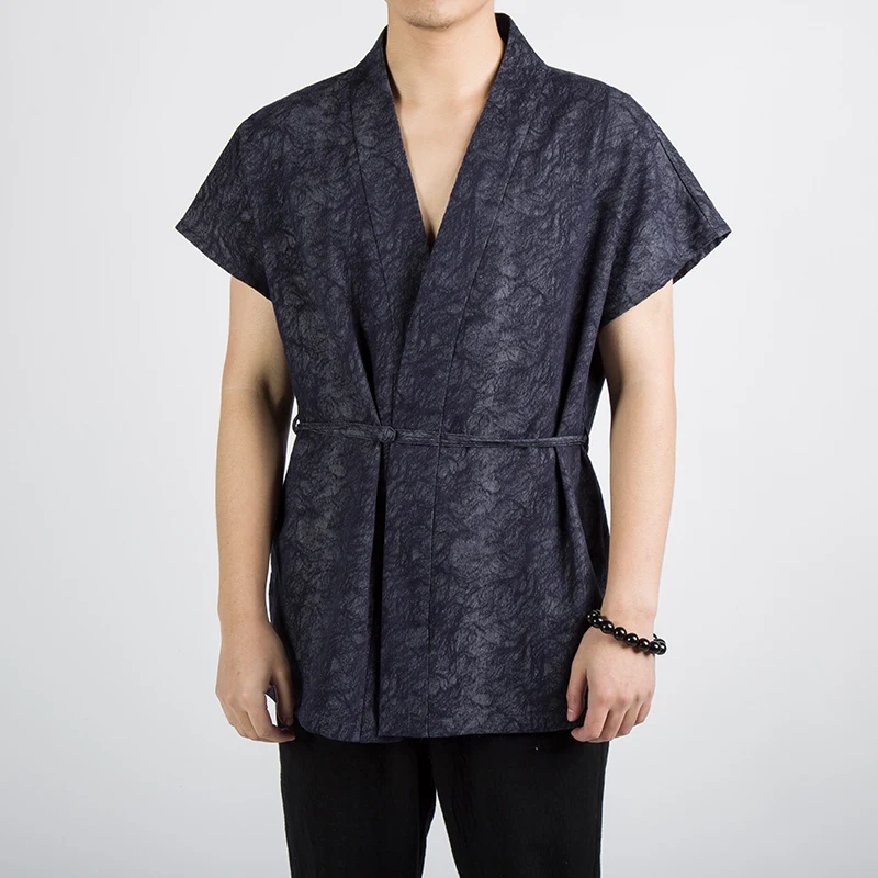 Традиционная одежда Hanfu мужские льняные хлопковые рубашки с короткими рукавами мужские s Tang костюм кимоно кардиган мужской открытый стежок рубашка Camisa Hombre - Цвет: Navy blue