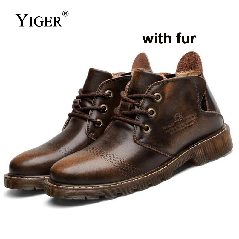 YIGER NEW Men's Boots Casual Martin Genuine Leather Boots Brown/Red Ankle Lace-up With Fur Autumn/Winter warm Men shoes 0018