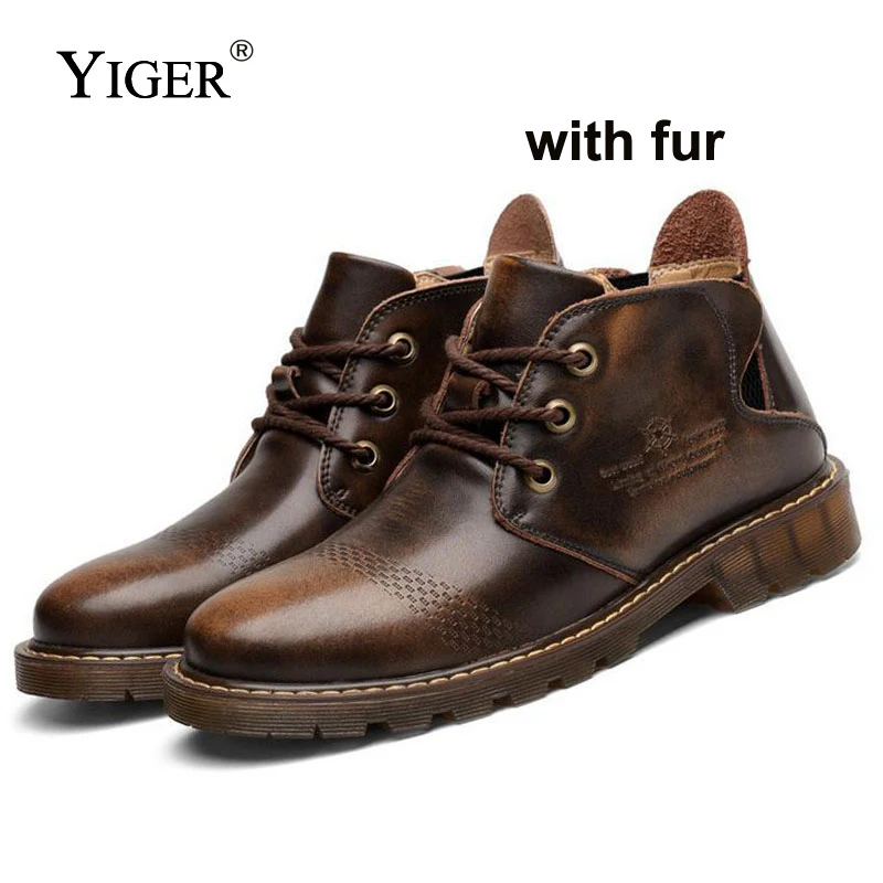 YIGER NEW Men's Boots Casual Martin Genuine Leather Boots Brown/Red Ankle Lace-up With Fur Autumn/Winter warm Men shoes 0018 YIGER NEW Men's Boots Casual Martin Genuine Leather Boots Brown/Red Ankle Lace-up With Fur Autumn/Winter warm Men shoes 0018