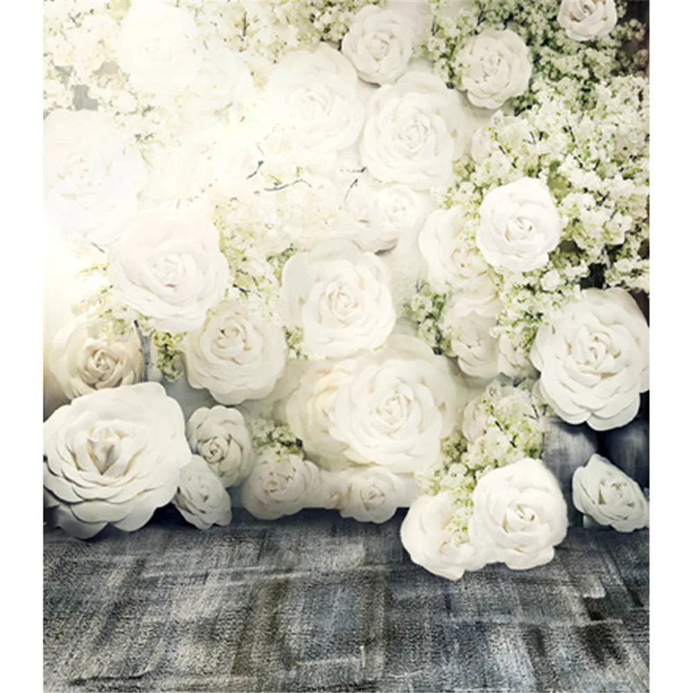 Digital Printing Blurry 3D White Roses Romantic Flower Wall Backdrop