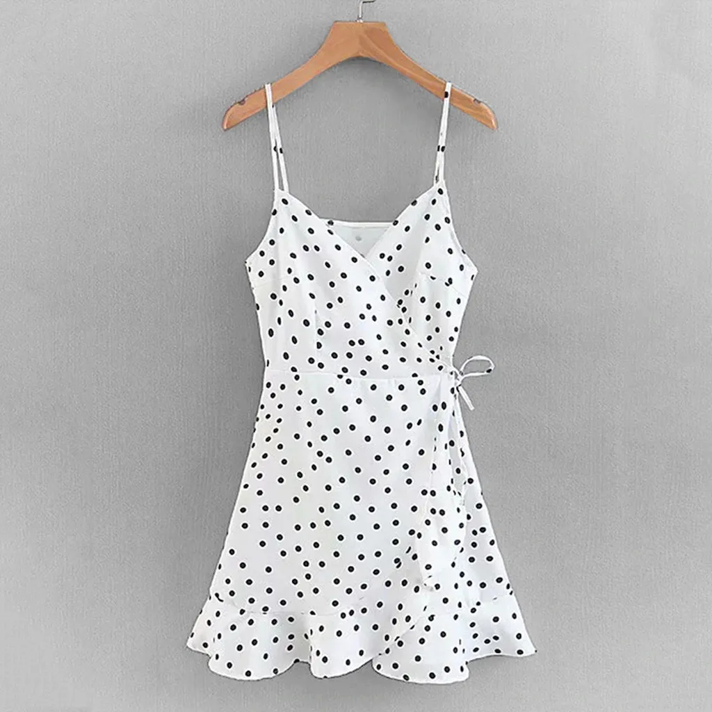 

Robe Femme Ete 2019 Women Summer Dress Casual Sleeveless Dot Print White Dress Ruffle Hem Wrap Cami Sukienka Boho Robe De Plage