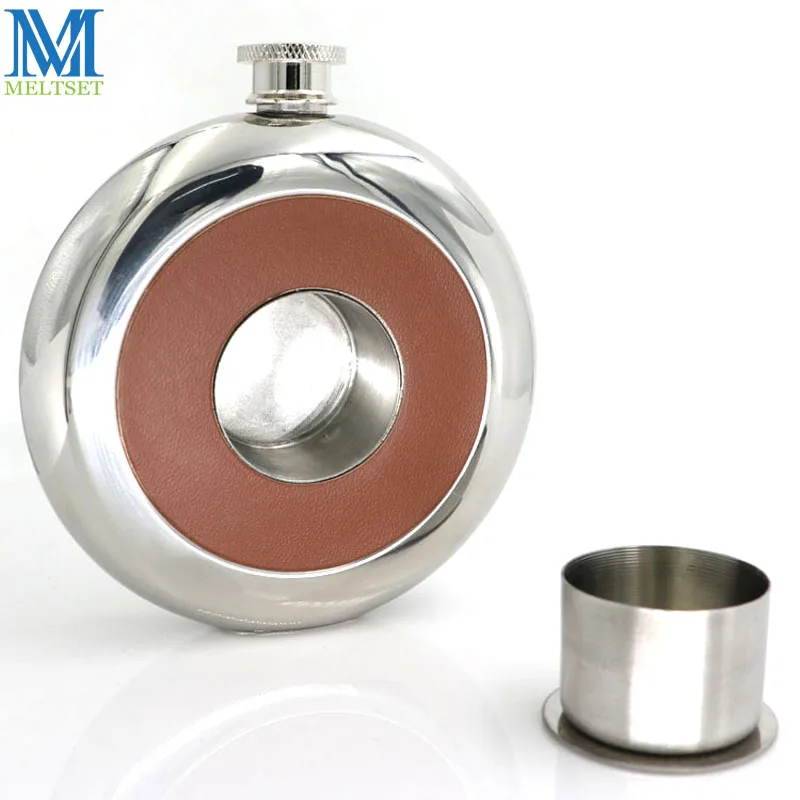 

Round Stainless Steel Pocket Flask With Build-in Shot Glass 5Oz Hip Flask Mirror Polished Mini Alcohol Bottles
