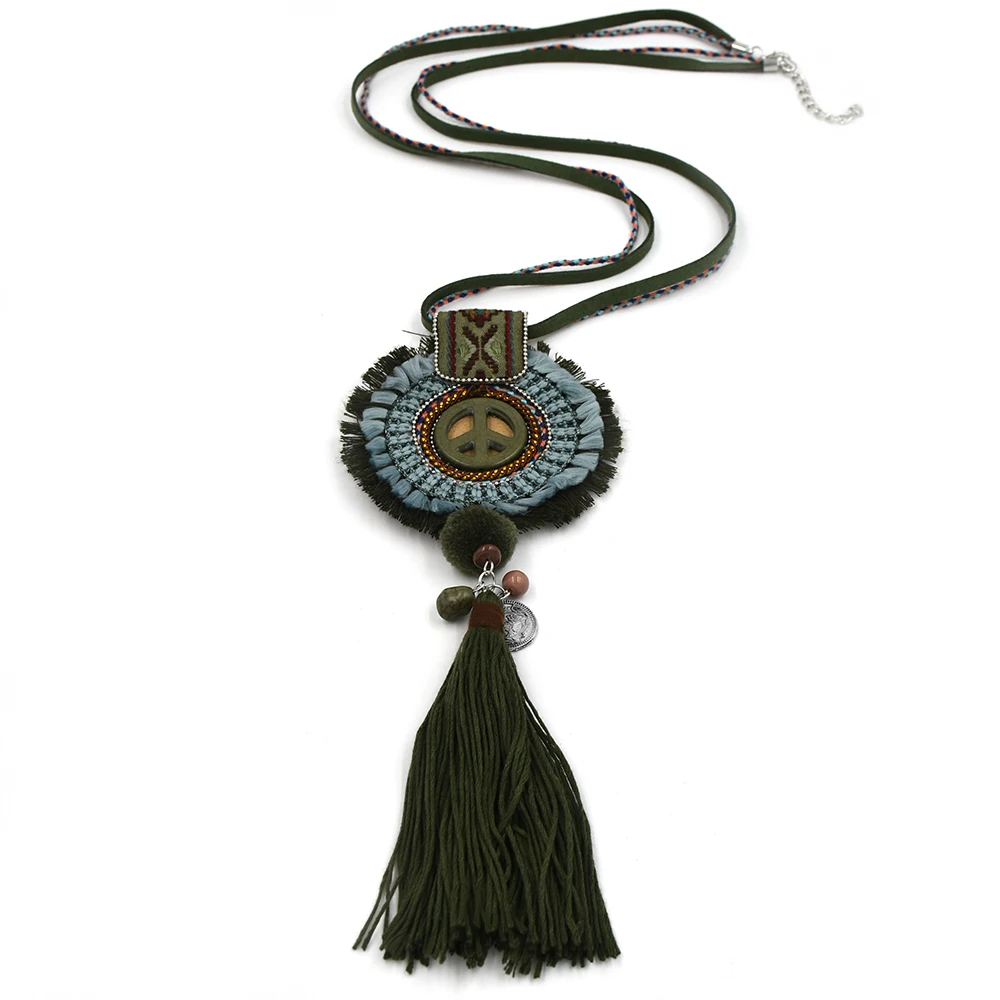 New Womens accessories Bohemia Ethnic long fringe cotton tassle pendants Necklace handmade peace symbol Necklace
