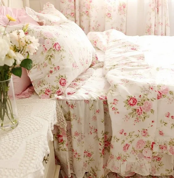 Розовый принцессы с рисунком розы для девочек, набор постельного белья, близнец полный постельное белье насыщенных цветов на полуторную/кантри СР домашний текстиль постельное Хлопковое платье Подушка Чехол пододеяльник