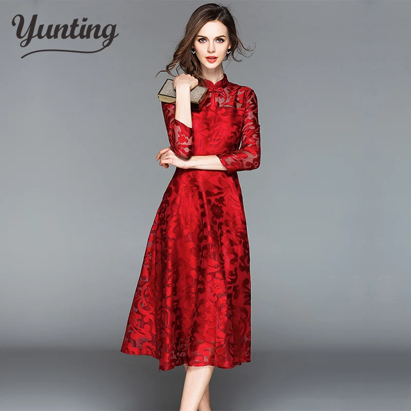 

High Quality Luxury Women Casual Lace Dress New 2019 Spring Stand Collar Elegant Slim Ladies Party Dresses
