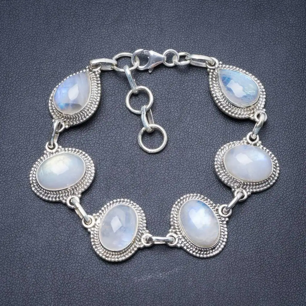 

Natural Rainbow Moonstone Handmade Unique 925 Sterling Silver Bracelet 7 1/2-8 1/2" Y2832