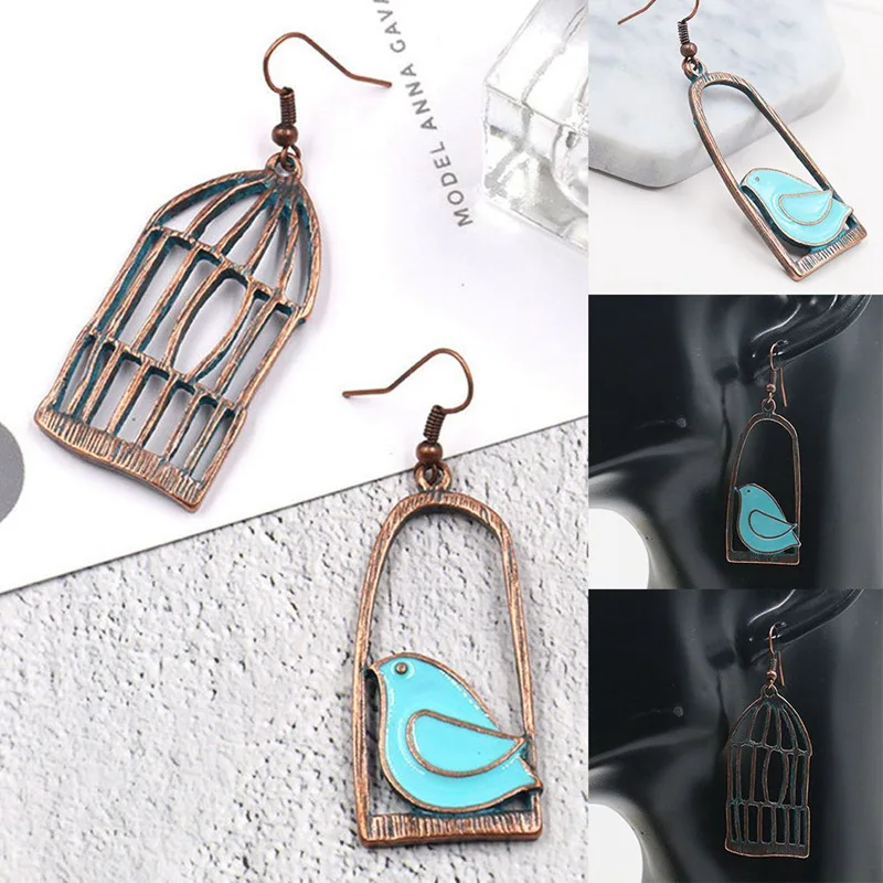 

Cage Bird Asymmetric Earrings Vintage Fashion Design Oil Bird Cage Lovely Earrings For Women Bird Cage Dangle Earrings