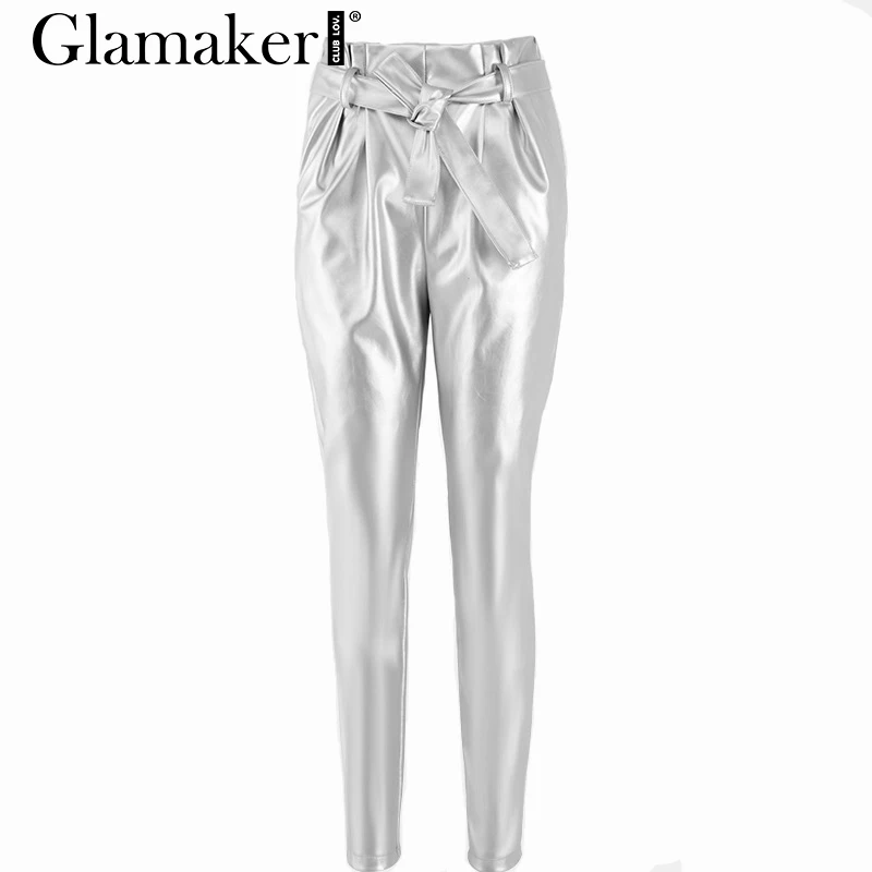 Glamaker, сексуальные свободные кожаные штаны-шаровары, для женщин, уличная одежда, высокая талия, вечерние штаны, весна-лето, модный пояс, длинные штаны