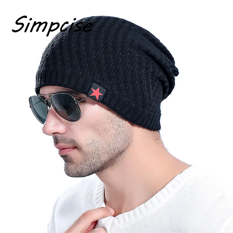 SIMPCISE skullies for man Red Star hat winter beanie man skully Knitted