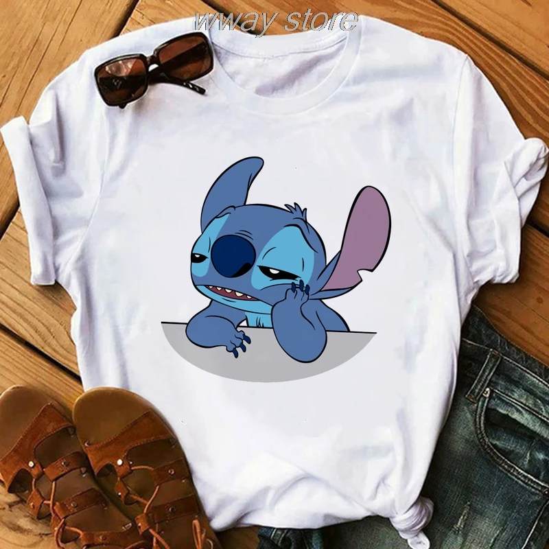 Женская футболка LILO STITCH, летние белые милые футболки harajuku, милая Повседневная футболка с рисунком, милые обтягивающие повседневные топы для девочек