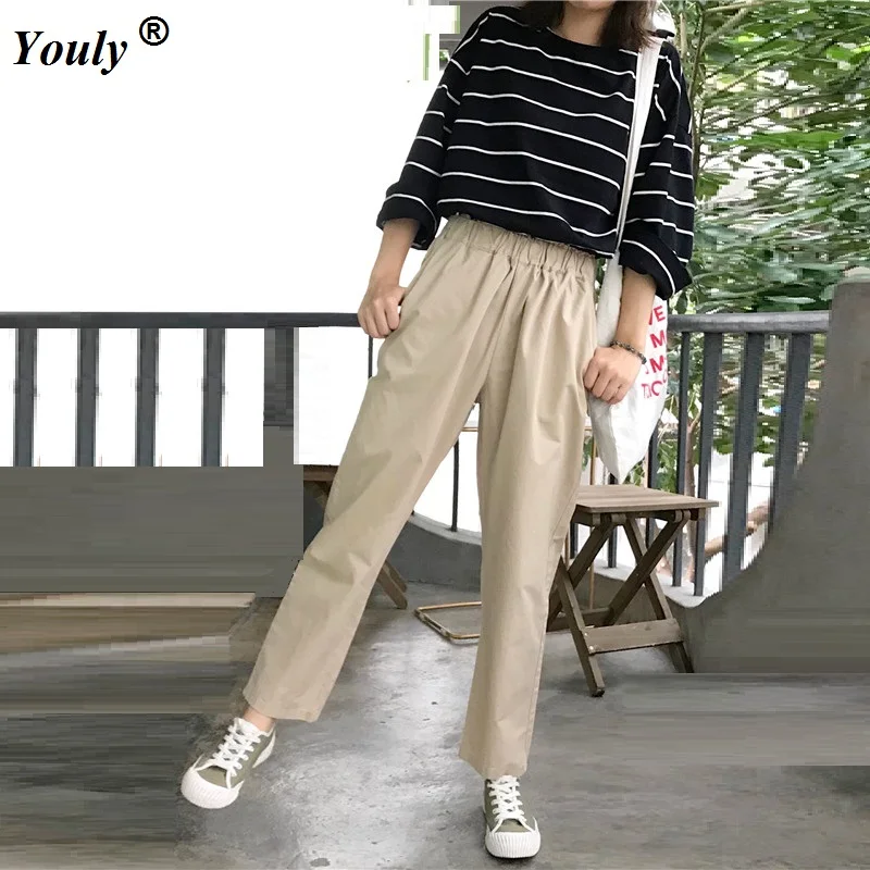 

Straight Denim Pants Women 2021 Autumn Winter Casual Loose Elastic Waist Boyfriend Trousers Simple Female Pockets Flanging Pants