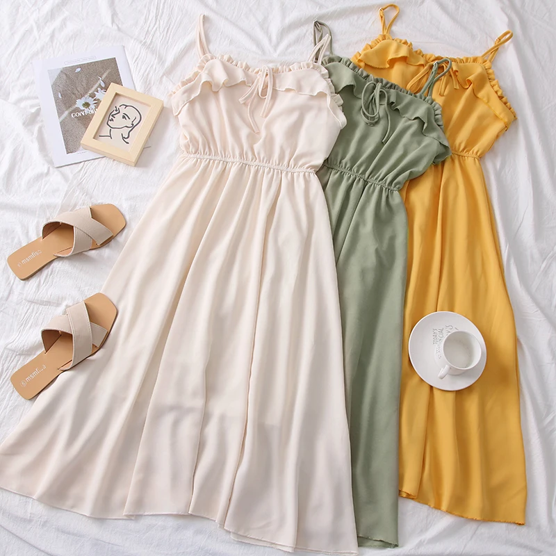 

SKOONHEID Women Sleeveless Chiffon Dress Summer Elegant A-Line Spaghetti Strap Party Dress Boho High Waist Solid Midi Sundress