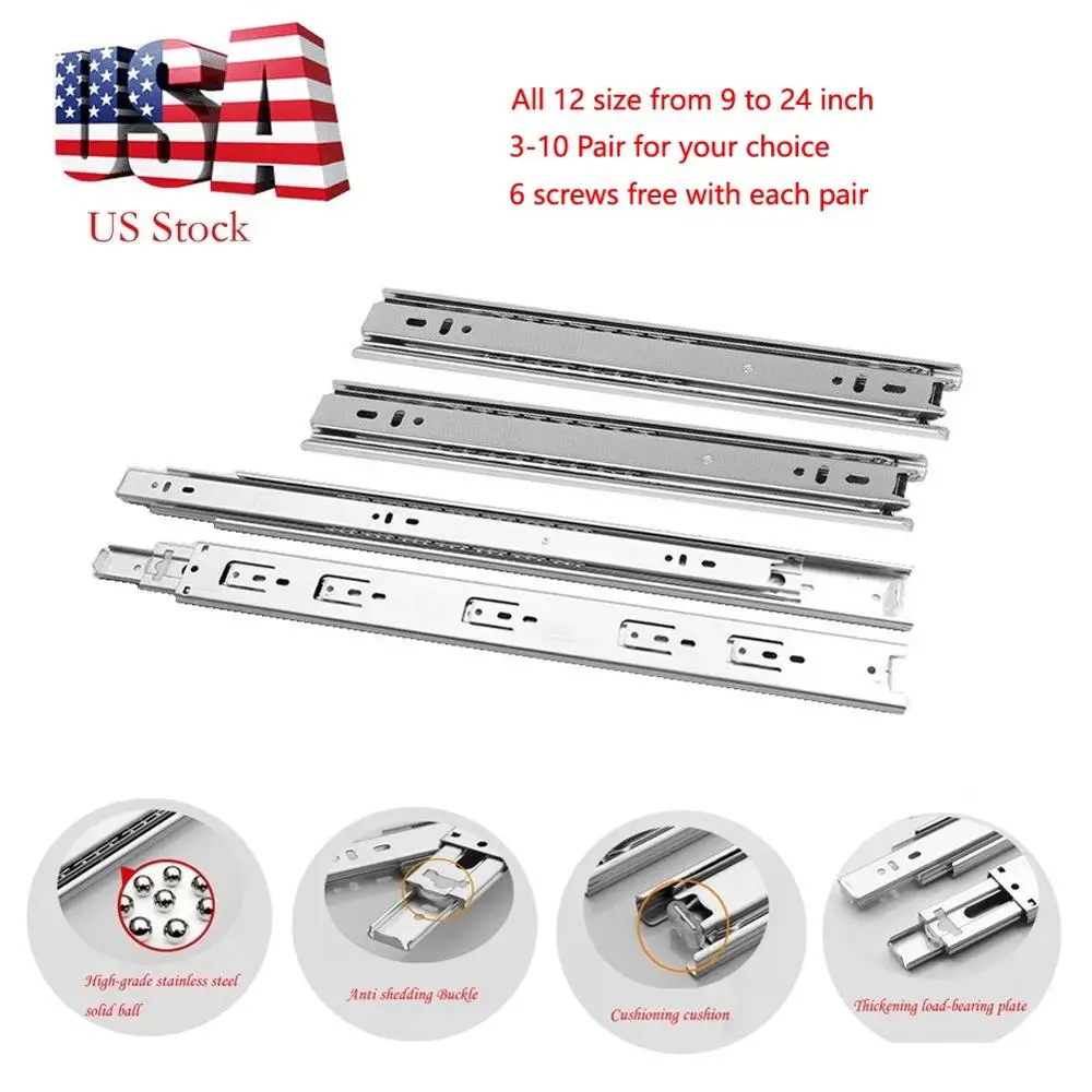 

5 Pairs/lot 9"-24" Full Extension 60-100 lb Ball Bearing Drawer Slides With Screws Free