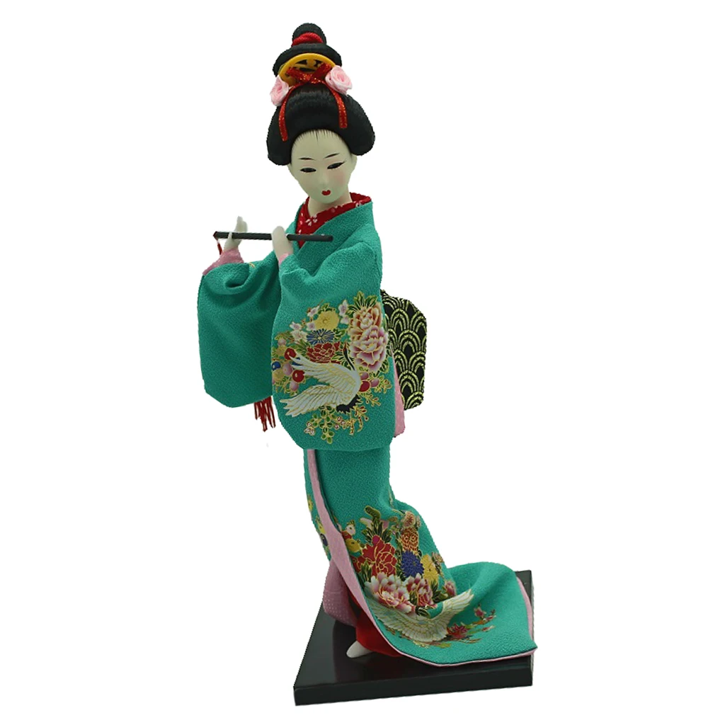 Traditional Japanese Standing Geisha Doll Model Kimono Doll Vintage Decor Doll Wearing Green Clothes & Flute