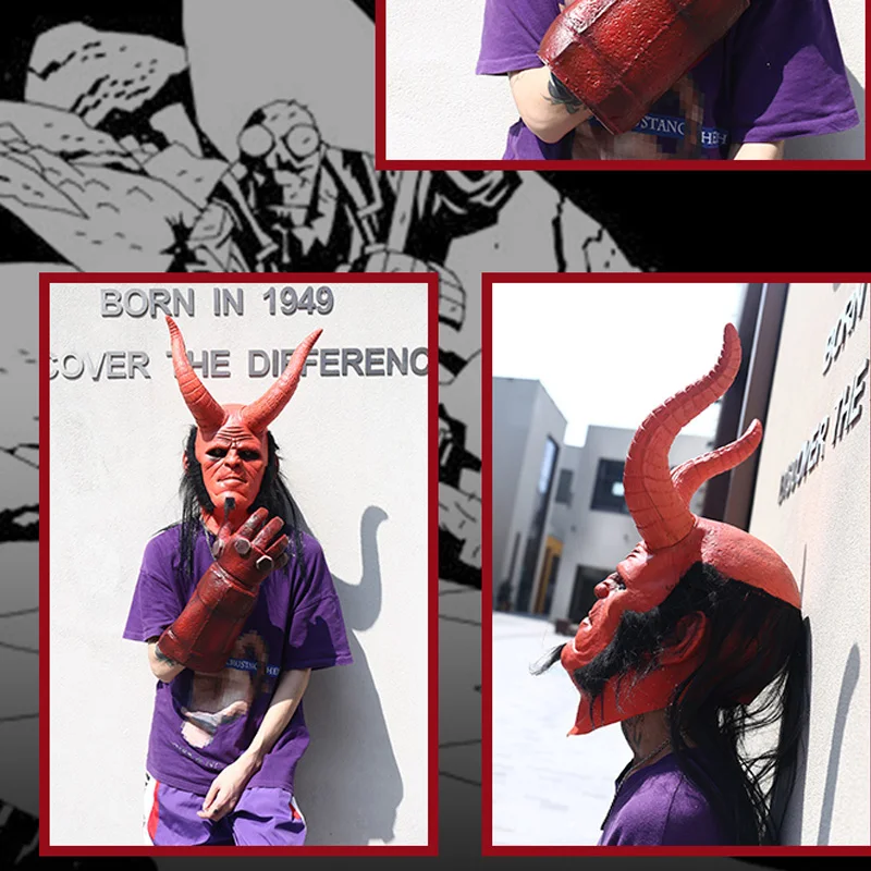 Фильм о супергероях Hellboy маска для косплея Полный головной убор перчатки аксессуары ужас латексная маска для хеллоуина косплей свободный размер для унисекс