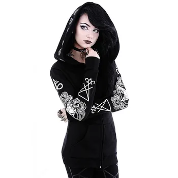 

Sigil Satan Goat Head God Sweatshirt Gothic Black Zipper Pocket Hooded Hoodies Women Pentacle Plus Size Witch Coat Jacket