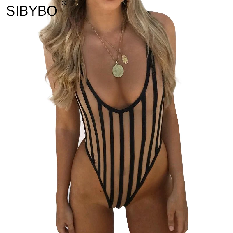 Sibybo الأسود مخطط شبكة مثير ارتداءها النساء ثوب فضفاض انظر من خلال أكمام الصيف أعلى عارضة قصيرة بذلة الشاطئ وزرة