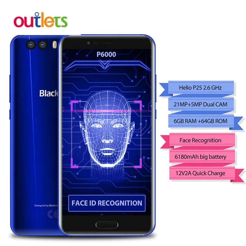 Смартфон Blackview P6000 Face ID 6180 мАч 6 Гб 64 21 МП Двойная камера 5 &quotJDI 16:9 Helio P25