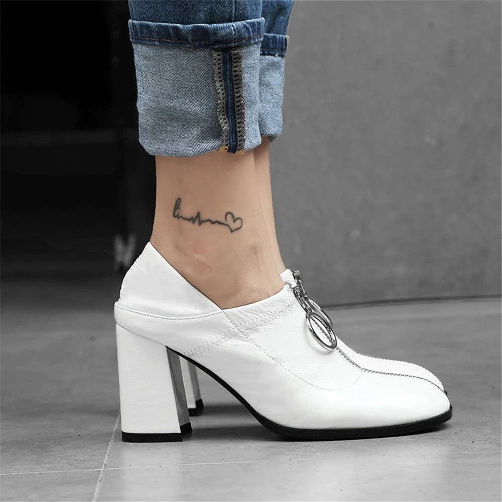 

Genuine Cow Leather Summer Shoes Woman Pumps Female Chunky High Heels Zipper Black White Pumps Woman Shoes