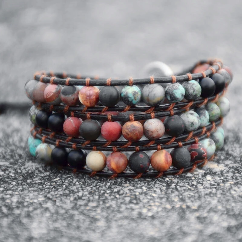 

Vintage Leather Bracelets Matte Stone 3 Strands Wrap Bracelets Woven Multilayer Boho Bracelet Handmade Jewelry