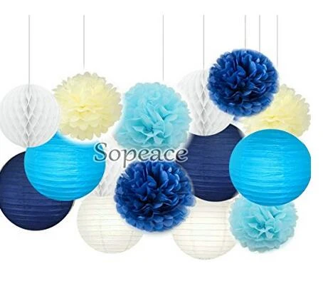 Set de de fiesta papel de seda azul pompones flores lámparas de papel guirnalda circular decoraciones de fiesta de cumpleaños boda|tissue paper poms|paper pom pomstissue paper - AliExpress