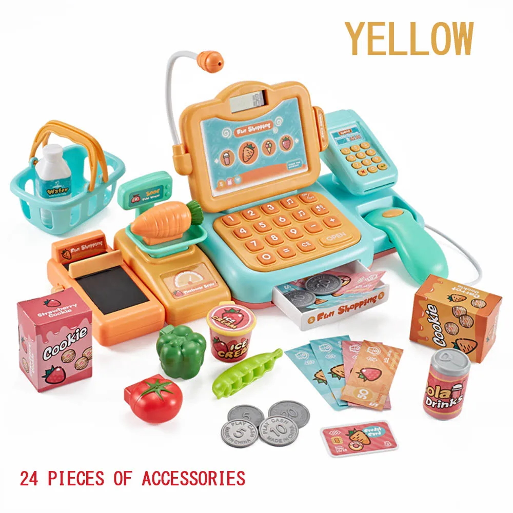 Electronic mini simulation supermarket cash register kit toy children checkout counter role play cashier girl toy gift - Цвет: yellow