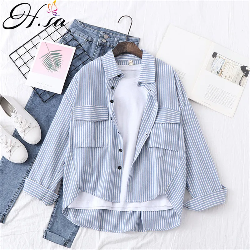 

H.SA Women Casual Striped Blouses and Shirts Turn Down Collar Irregular Korean Fashion Blouses BF Loose blusa feminina Out tops
