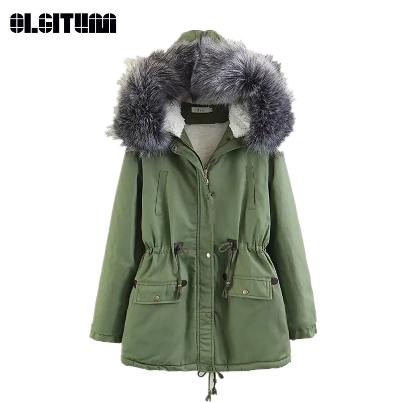 

Winter Women's Jacket Coat Waist Slim Big Fur Collar Female Parkas Cotton Thick Hooded Coat Solid Lady Parka CC657