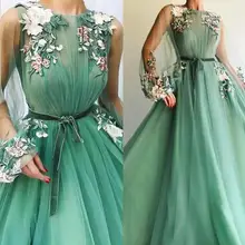 Арабское, с длинными рукавами Тюлевое ТРАПЕЦИЕВИДНОЕ вечернее платье цвета зеленой мяты платья Аппликация цветы vestidos de festa longo формальное платье для выпускного вечера
