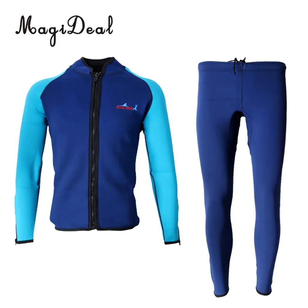 Mens 2mm Neoprene Elastic Zipper Jacket Top Long Pants Split Wetsuits Diving Suit Swimsuit Scuba Surf Snorkeling