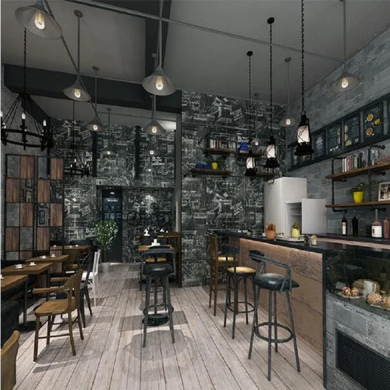 

Cafe bar restaurant Retro Industrial Style wallpaper personality blackboard learning wall English letters black wallpaper