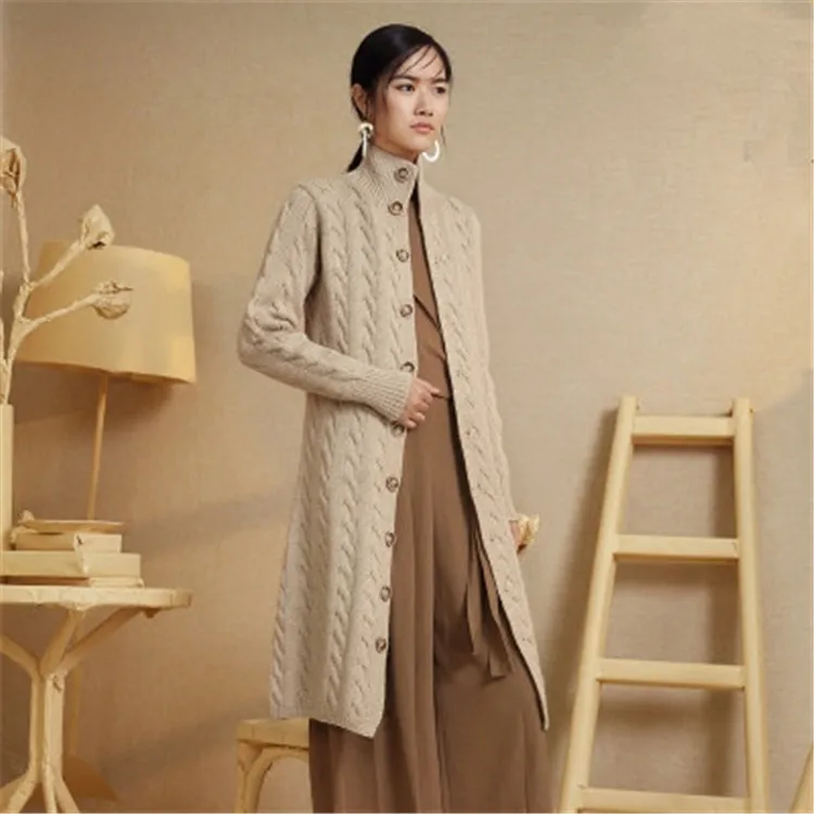  new arrival 100%hand made pure wool knit women streetwear turtleneck solid single breasted long car