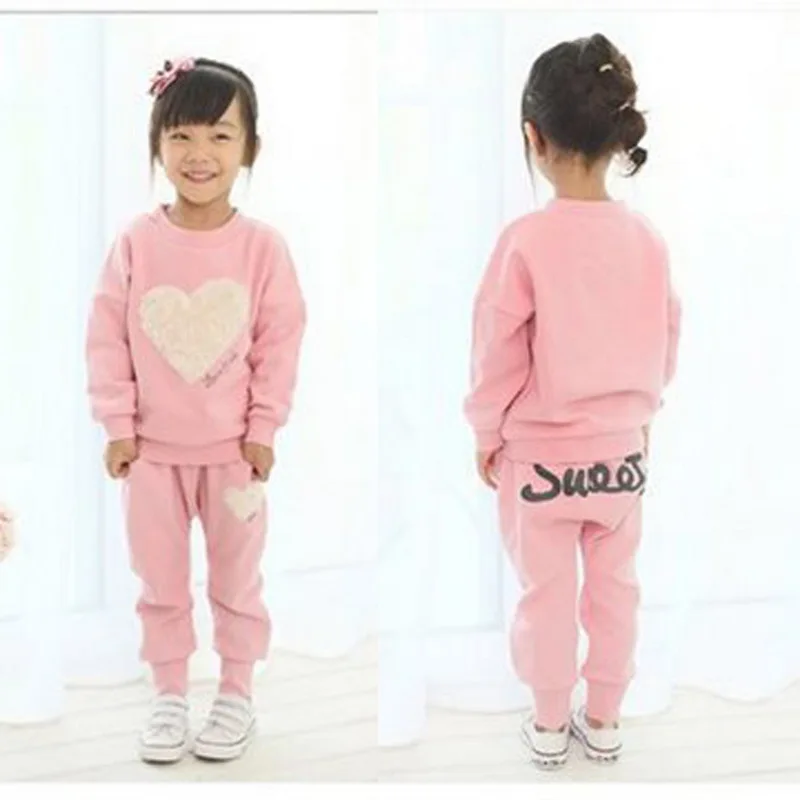 Shujin/комплект одежды для маленьких девочек, повседневная весенне-осенняя розовая серая футболка с длинными рукавами+ штаны детские костюмы из 2 предметов одежда с рисунком сердца