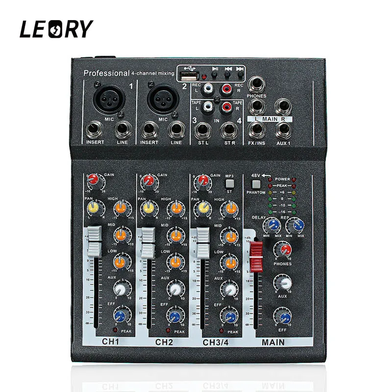 

LEORY Mini Portable 4 Channels Professional DJ Audio Mixing Console With USB 48V Power Metal Digital DJ Sound Mixer For Karaoke