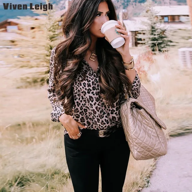 Femmes Hauts Et La Chemise 2018 L&eacute;opard Chemisier Femme Manches Longues En Dwon Col Blouses Automne Blusa Feminina Chemisier Imprim&eacute; L&eacute;opard