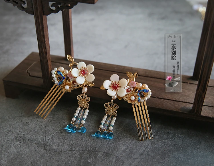 Fang Xin Handmade Blue Cloisonne Bee Flower Hair Comb Hanfu Costume Hair Accessories Tassel Hair Combs portable mini air cooler fang usb rechargeable summer for bedroom fs22