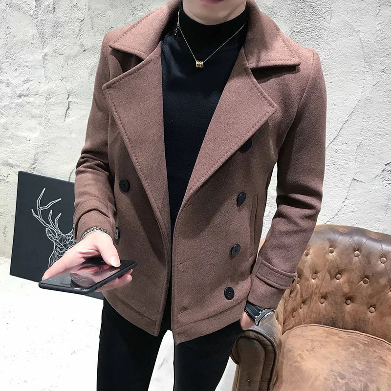 Новое Осеннее зимнее мужское Короткое шерстяное пальто двубортное дизайнерское деловое повседневное мужское теплое пальто ветровка - Цвет: Dark brown