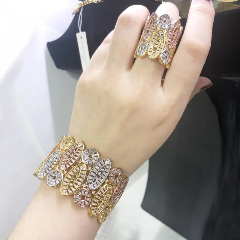 

Dazz Luxury Dubai Hollow Out Geometric Round Ring Bangle Set Full Zircon 3 color Copper Jewelry Women Bride Indian Ornament 2019