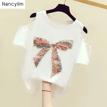 2019 Summer Off Shoulder T Shirt Women Fashion Bow Squnined Short Sleeve T Shirt Female Studnet Leisure Shoulderless Shirt Tops grey slit design off the shoulder t shirt