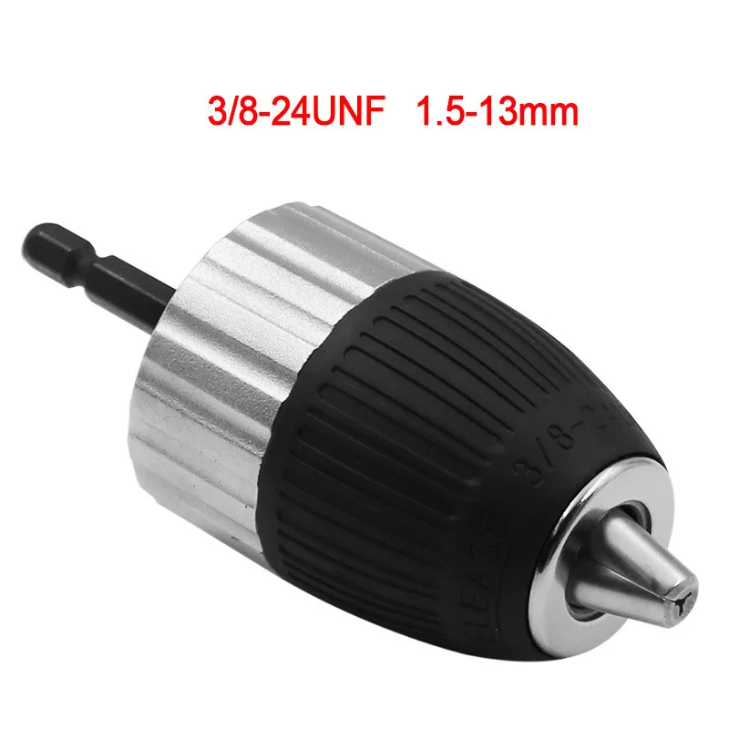 Conversion Chuck 1.5-13mm Self Tighten Keyless Drill Chuck Clamping Range 3/8-24UNF With Hex Shank Threaded Post